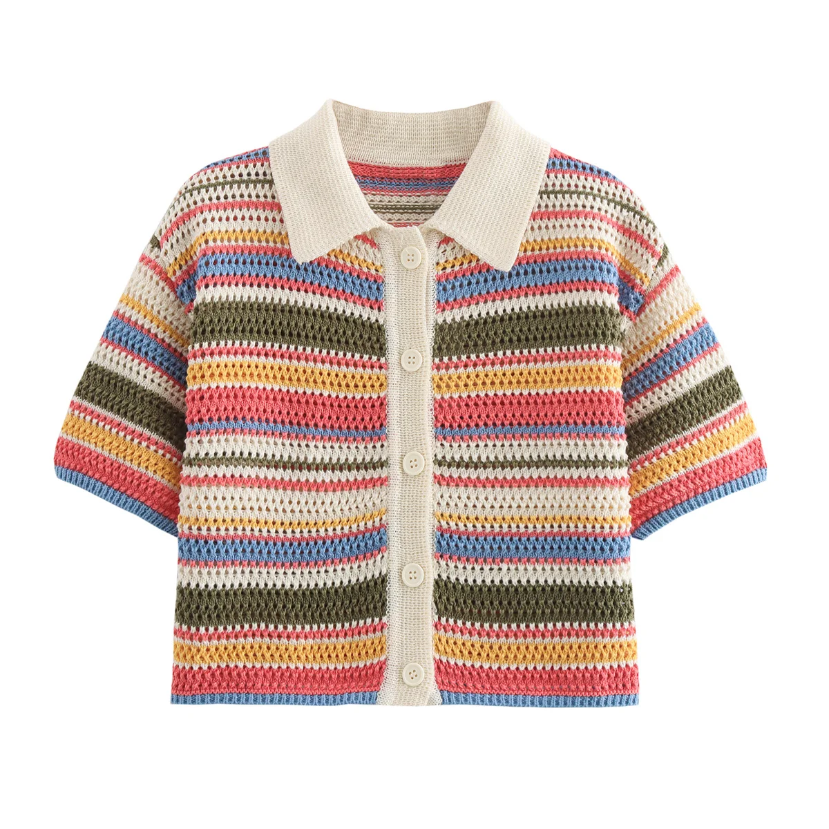 Color Stripe Knit Set Women Short Polo Neck Crop Top Retro Beach Shorts 2025 Summer Vacation Matching Outfit