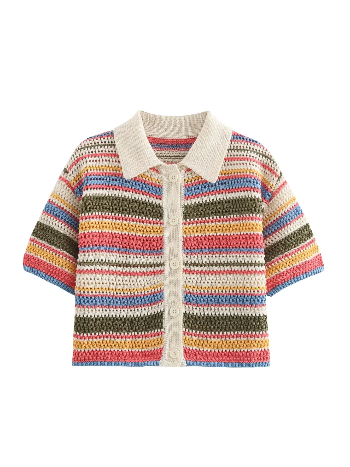 Color Stripe Knit Set Women Short Polo Neck Crop Top Retro Beach Shorts 2025 Summer Vacation Matching Outfit