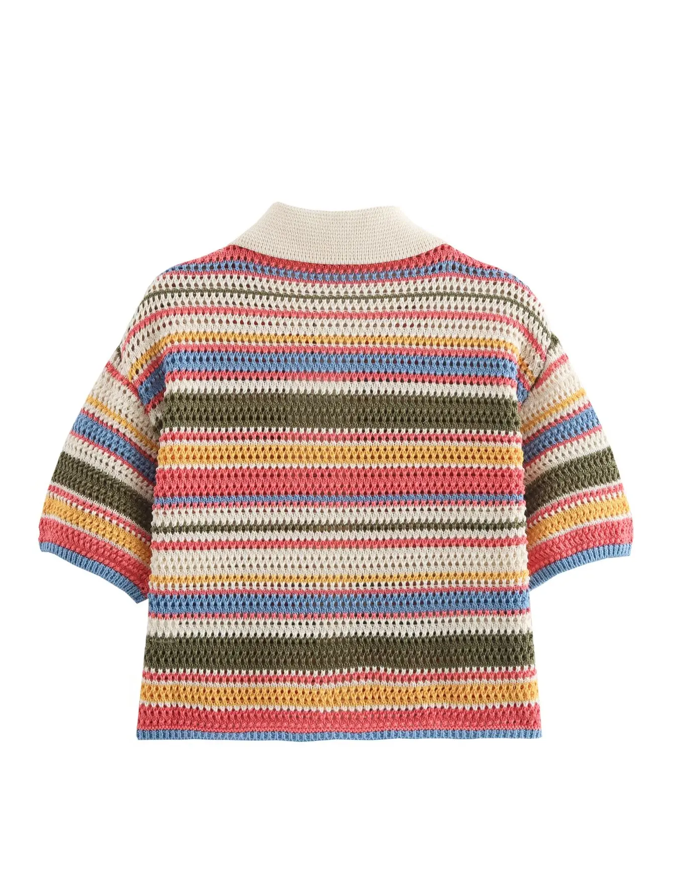 Color Stripe Knit Set Women Short Polo Neck Crop Top Retro Beach Shorts 2025 Summer Vacation Matching Outfit