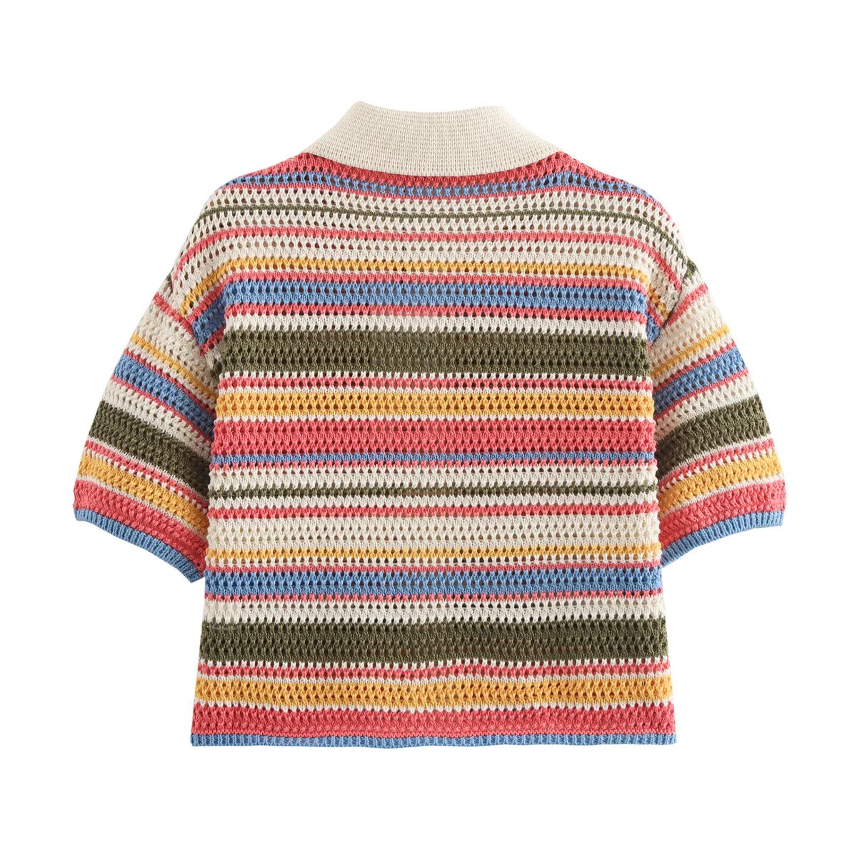 Color Stripe Knit Set Women Short Polo Neck Crop Top Retro Beach Shorts 2025 Summer Vacation Matching Outfit