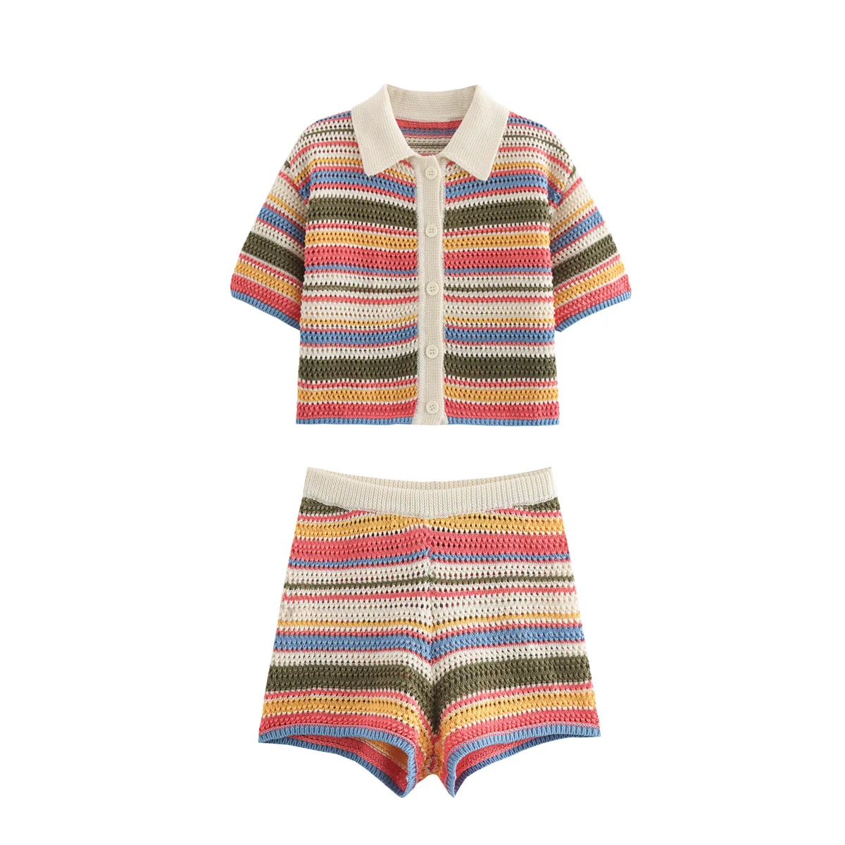 Color Stripe Knit Set Women Short Polo Neck Crop Top Retro Beach Shorts 2025 Summer Vacation Matching Outfit