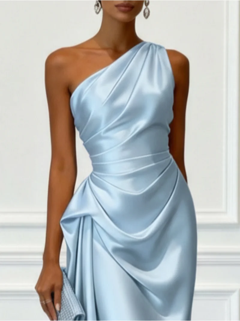 Elegant One Shoulder Satin Ruched Midi Dress for Formal Evening Cocktail Party