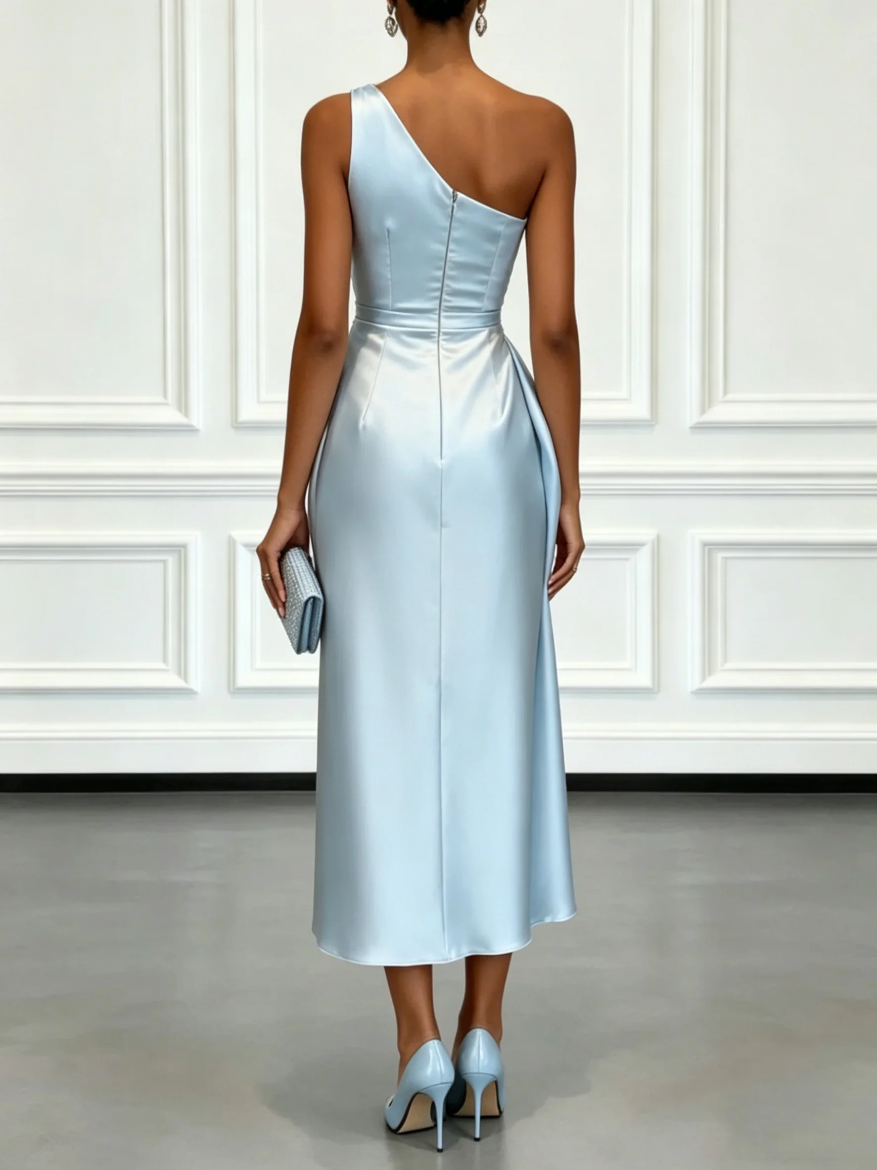 Elegant One Shoulder Satin Ruched Midi Dress for Formal Evening Cocktail Party