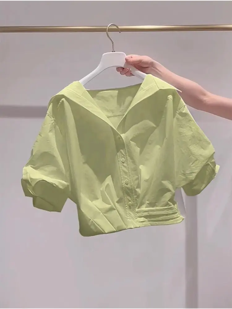 Fanan 2026 Summer New Lapel Bubble Sleeve Shirt Women Loose Fit Cropped Top Female Blouse Shirt