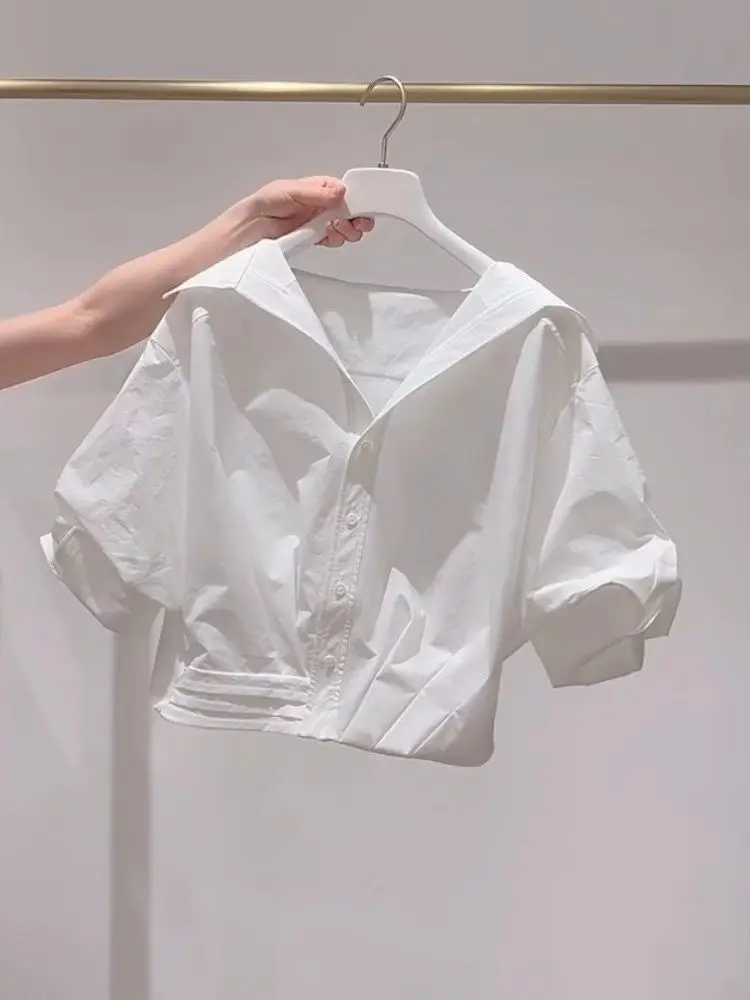Fanan 2026 Summer New Lapel Bubble Sleeve Shirt Women Loose Fit Cropped Top Female Blouse Shirt