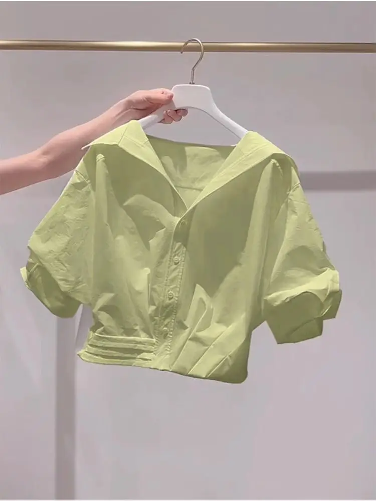 Fanan 2026 Summer New Lapel Bubble Sleeve Shirt Women Loose Fit Cropped Top Female Blouse Shirt