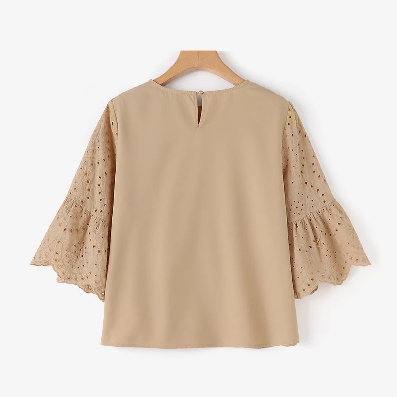 ZANZEA 3/4 Ruffle Sleeve Loose Blusa Women Hollow Out Lace Patchwork Solid Color Tops Everyday 2024 Summer Casual Elegant Blouse