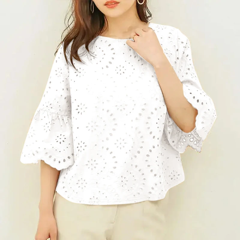 ZANZEA 3/4 Ruffle Sleeve Loose Blusa Women Hollow Out Lace Patchwork Solid Color Tops Everyday 2024 Summer Casual Elegant Blouse
