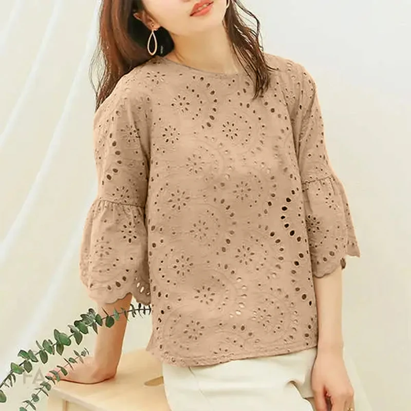 ZANZEA 3/4 Ruffle Sleeve Loose Blusa Women Hollow Out Lace Patchwork Solid Color Tops Everyday 2024 Summer Casual Elegant Blouse