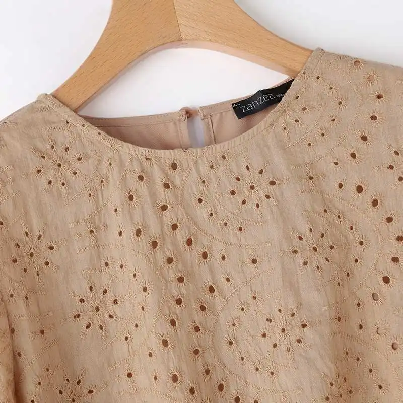 ZANZEA 3/4 Ruffle Sleeve Loose Blusa Women Hollow Out Lace Patchwork Solid Color Tops Everyday 2024 Summer Casual Elegant Blouse