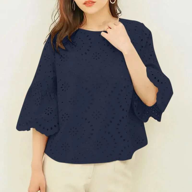 ZANZEA 3/4 Ruffle Sleeve Loose Blusa Women Hollow Out Lace Patchwork Solid Color Tops Everyday 2024 Summer Casual Elegant Blouse