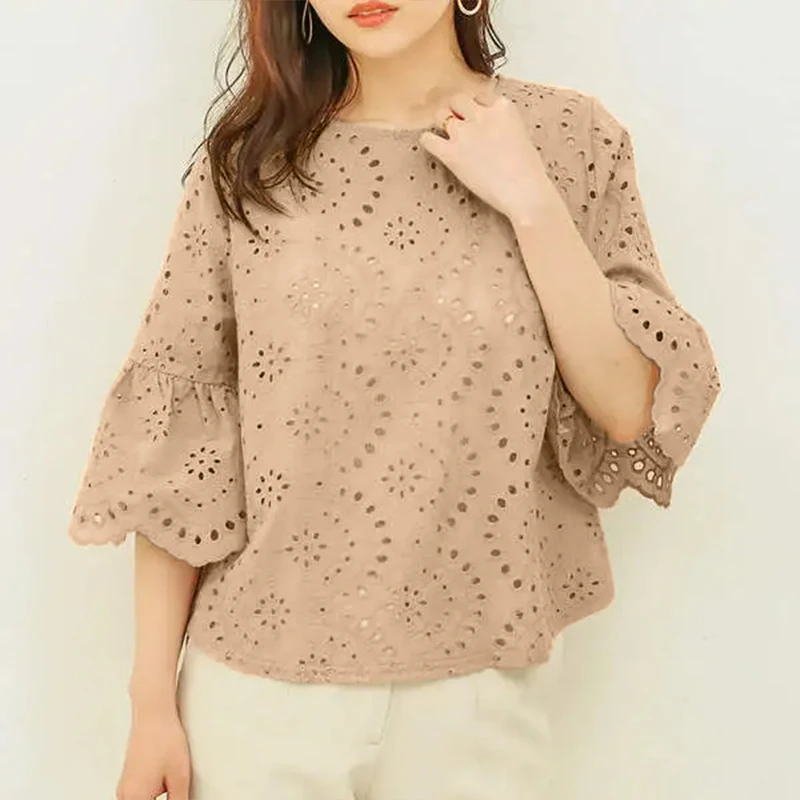 ZANZEA 3/4 Ruffle Sleeve Loose Blusa Women Hollow Out Lace Patchwork Solid Color Tops Everyday 2024 Summer Casual Elegant Blouse