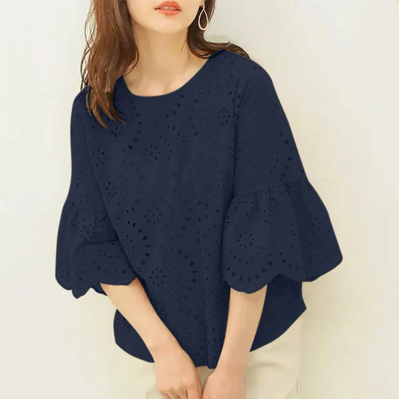 ZANZEA 3/4 Ruffle Sleeve Loose Blusa Women Hollow Out Lace Patchwork Solid Color Tops Everyday 2024 Summer Casual Elegant Blouse