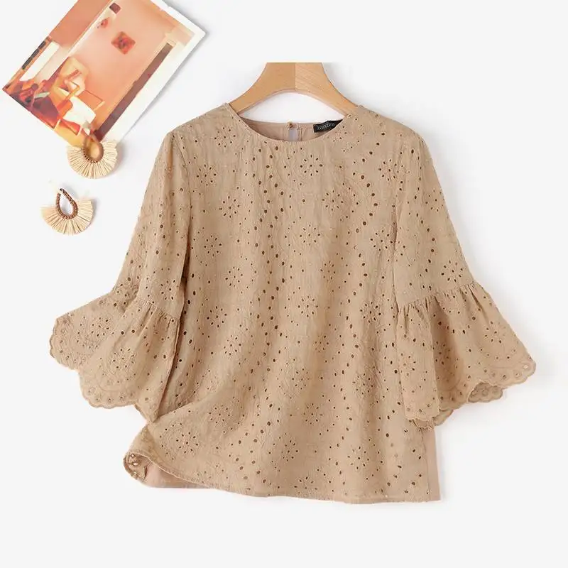 ZANZEA 3/4 Ruffle Sleeve Loose Blusa Women Hollow Out Lace Patchwork Solid Color Tops Everyday 2024 Summer Casual Elegant Blouse