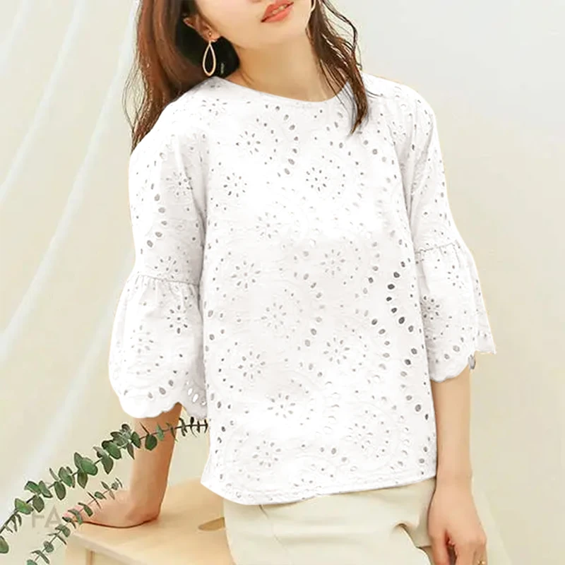 ZANZEA 3/4 Ruffle Sleeve Loose Blusa Women Hollow Out Lace Patchwork Solid Color Tops Everyday 2024 Summer Casual Elegant Blouse