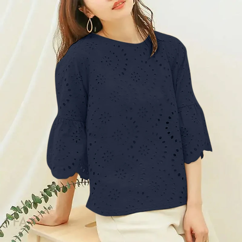 ZANZEA 3/4 Ruffle Sleeve Loose Blusa Women Hollow Out Lace Patchwork Solid Color Tops Everyday 2024 Summer Casual Elegant Blouse