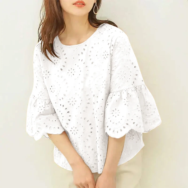 ZANZEA 3/4 Ruffle Sleeve Loose Blusa Women Hollow Out Lace Patchwork Solid Color Tops Everyday 2024 Summer Casual Elegant Blouse
