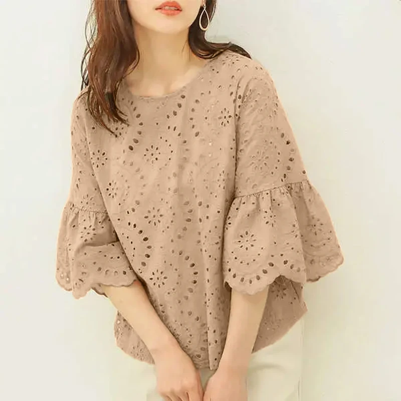 ZANZEA 3/4 Ruffle Sleeve Loose Blusa Women Hollow Out Lace Patchwork Solid Color Tops Everyday 2024 Summer Casual Elegant Blouse