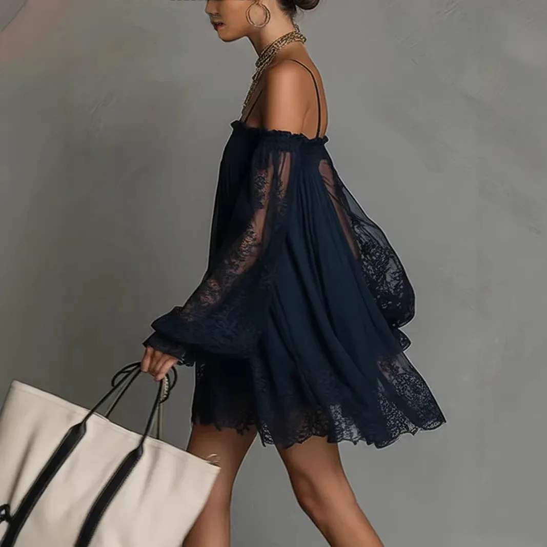Off Shoulder Women Mini Dress Elegant Suspender Dress Summer Fashion Lace Sheer Long Falre Sleeve Party Evening Chic Dresses