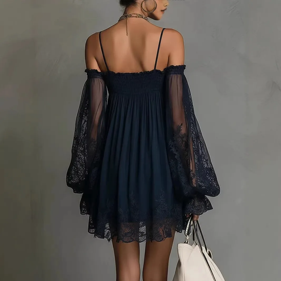 Off Shoulder Women Mini Dress Elegant Suspender Dress Summer Fashion Lace Sheer Long Falre Sleeve Party Evening Chic Dresses