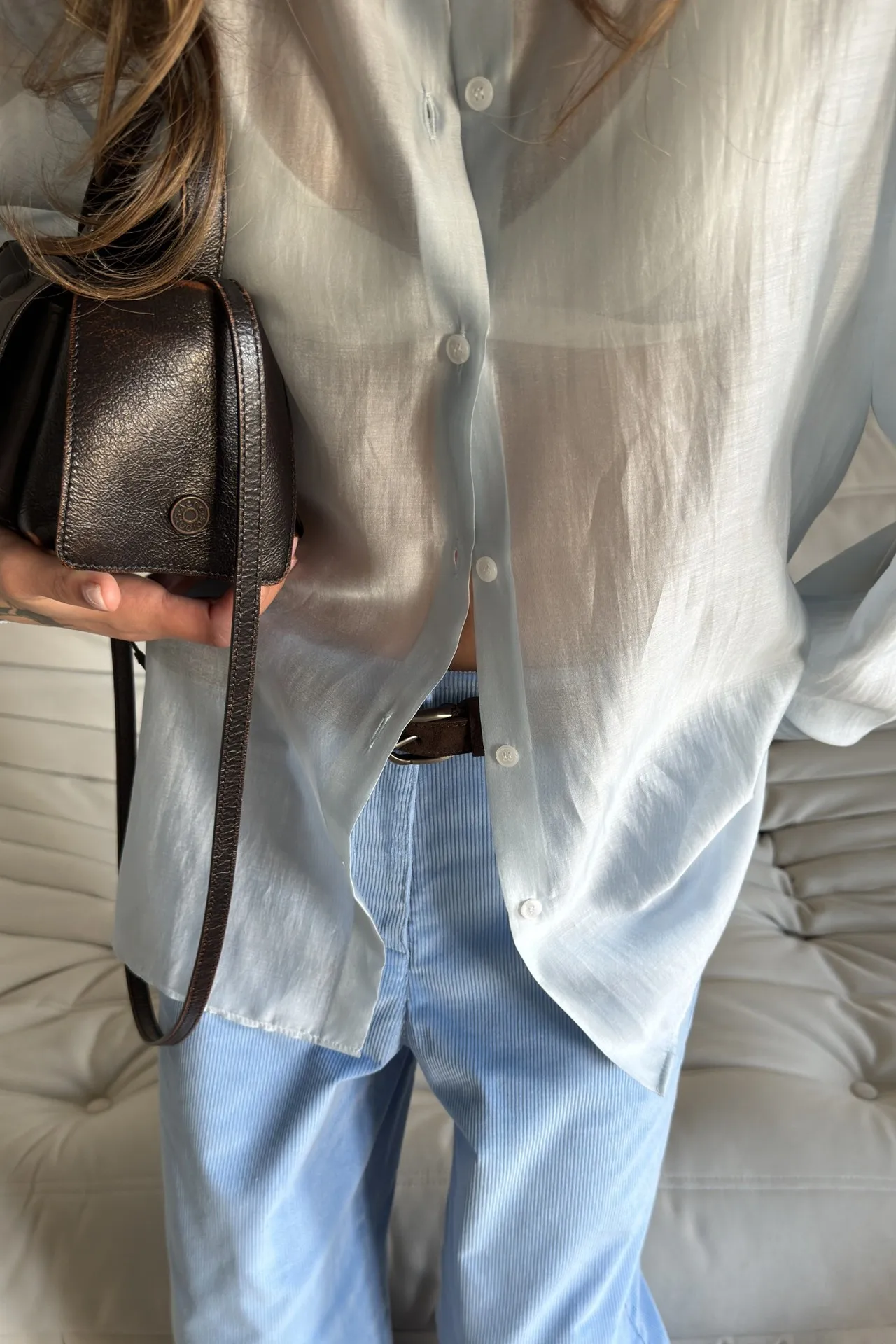 Llinar Semi-transparent Shirt Spring Autumn Women's Loose Shirt Office Lady Solid Color Versatile Top Long Sleeved Lyocell Shirt