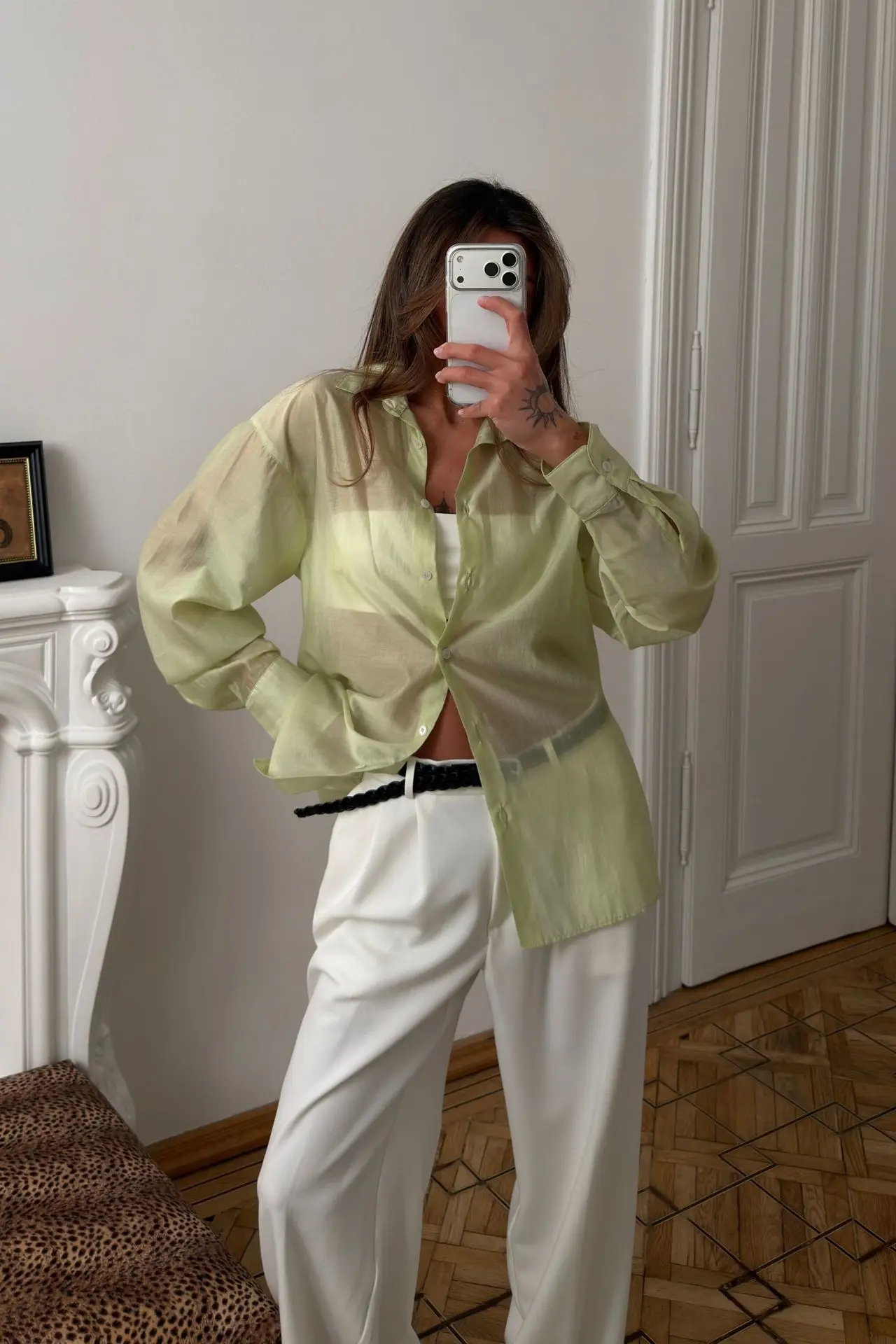 Llinar Semi-transparent Shirt Spring Autumn Women's Loose Shirt Office Lady Solid Color Versatile Top Long Sleeved Lyocell Shirt