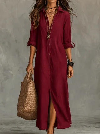 Summer Women Breathable Linen Maxi Shirt Dress Turn Down Collar Rollable Sleeve Back Split Loose Casual Cover Up Long Dress