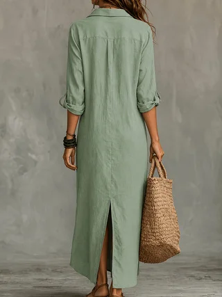 Summer Women Breathable Linen Maxi Shirt Dress Turn Down Collar Rollable Sleeve Back Split Loose Casual Cover Up Long Dress