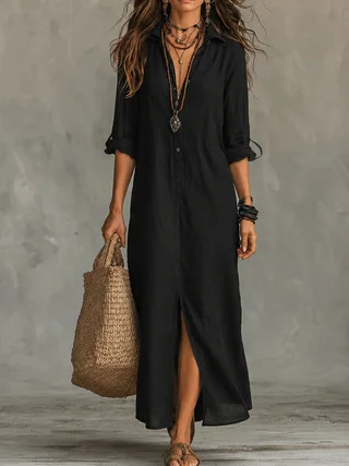 Summer Women Breathable Linen Maxi Shirt Dress Turn Down Collar Rollable Sleeve Back Split Loose Casual Cover Up Long Dress