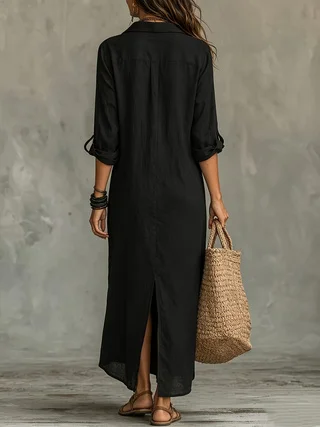 Summer Women Breathable Linen Maxi Shirt Dress Turn Down Collar Rollable Sleeve Back Split Loose Casual Cover Up Long Dress