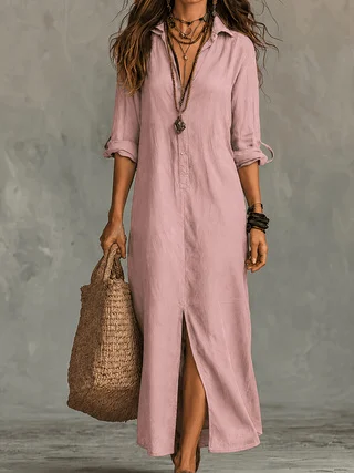 Summer Women Breathable Linen Maxi Shirt Dress Turn Down Collar Rollable Sleeve Back Split Loose Casual Cover Up Long Dress