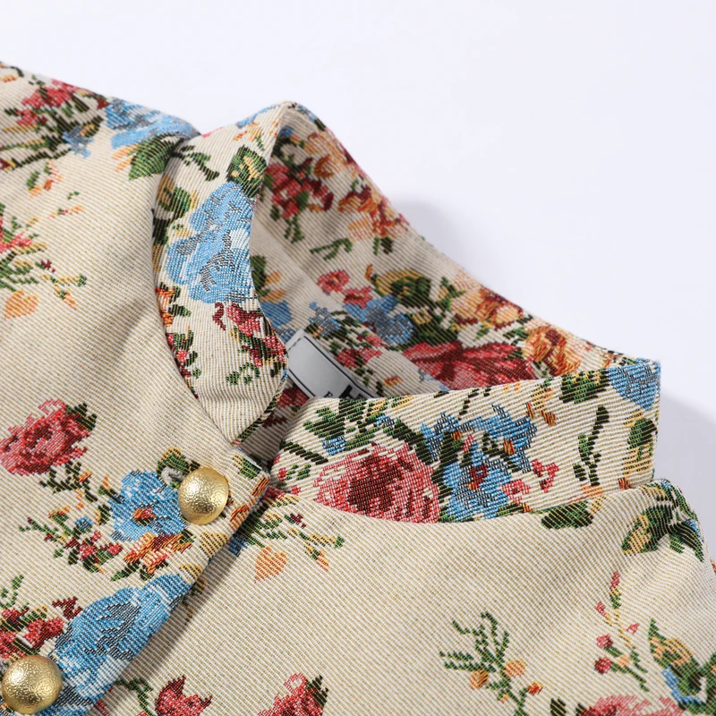 Vintage Floral Printed Jacket Mandarin Collar Long Sleeve Single Breasted Cropped Straight Coats Women Autumn Outfit Streetwear