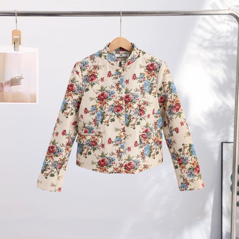 Vintage Floral Printed Jacket Mandarin Collar Long Sleeve Single Breasted Cropped Straight Coats Women Autumn Outfit Streetwear