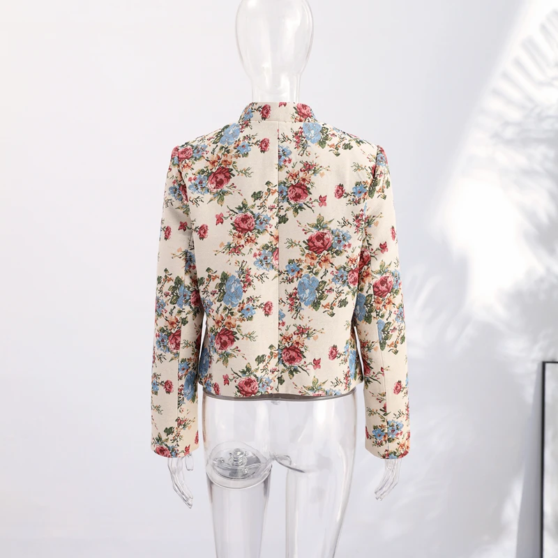 Vintage Floral Printed Jacket Mandarin Collar Long Sleeve Single Breasted Cropped Straight Coats Women Autumn Outfit Streetwear