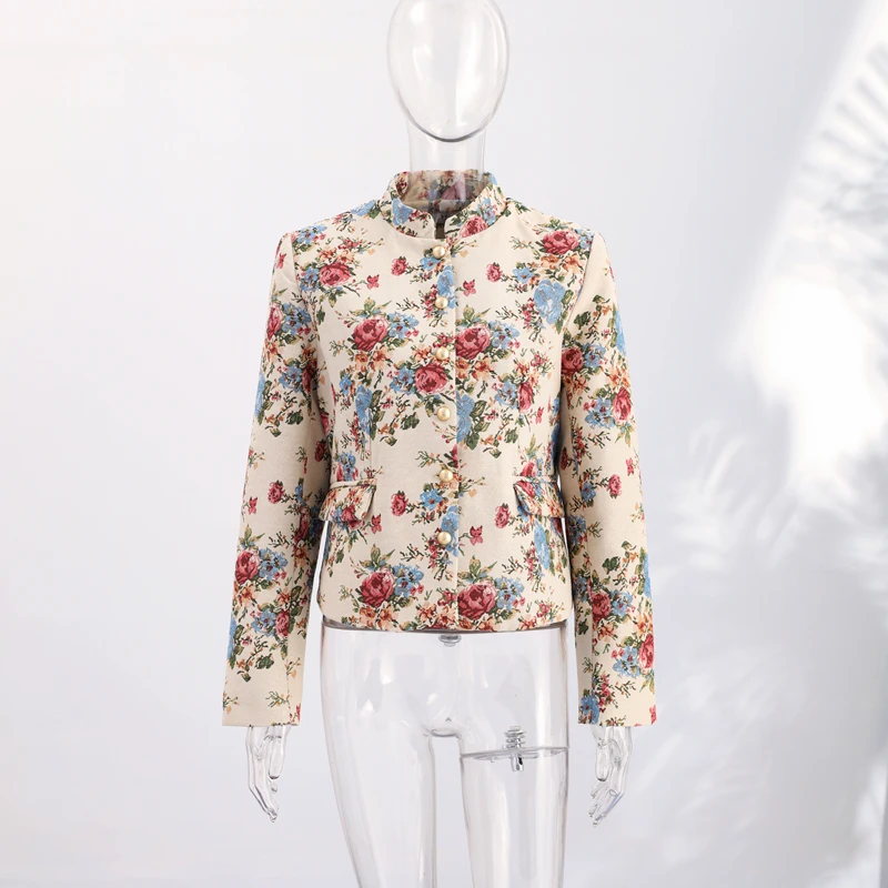 Vintage Floral Printed Jacket Mandarin Collar Long Sleeve Single Breasted Cropped Straight Coats Women Autumn Outfit Streetwear