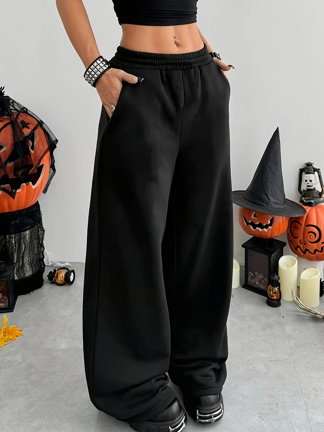 Women'S Casual Wide-Leg Joggers with Elastic Waistband Pockets Solid Color Stretchy Comfort Fit All-Season Comfort