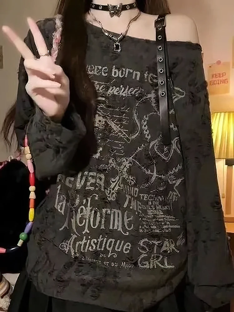 Vintage Y2K Oversize Off Shoulder T Shirt With Print Women Ripped Top Hole Long Sleeve Baggy Basic T Shirt Pulovers Ladies Tops