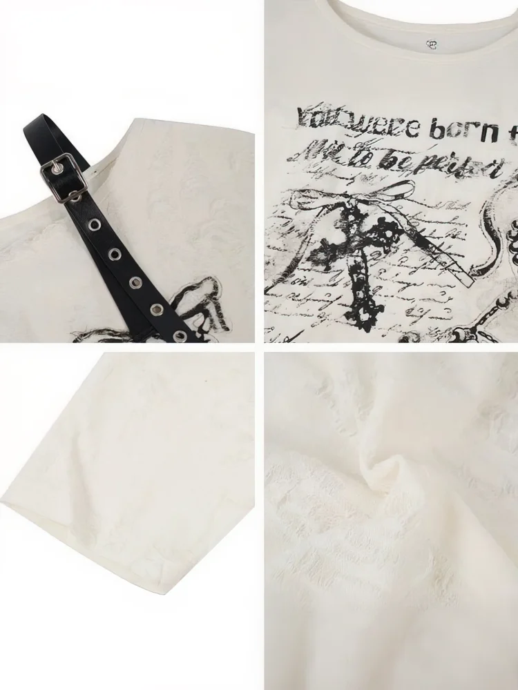 Vintage Y2K Oversize Off Shoulder T Shirt With Print Women Ripped Top Hole Long Sleeve Baggy Basic T Shirt Pulovers Ladies Tops