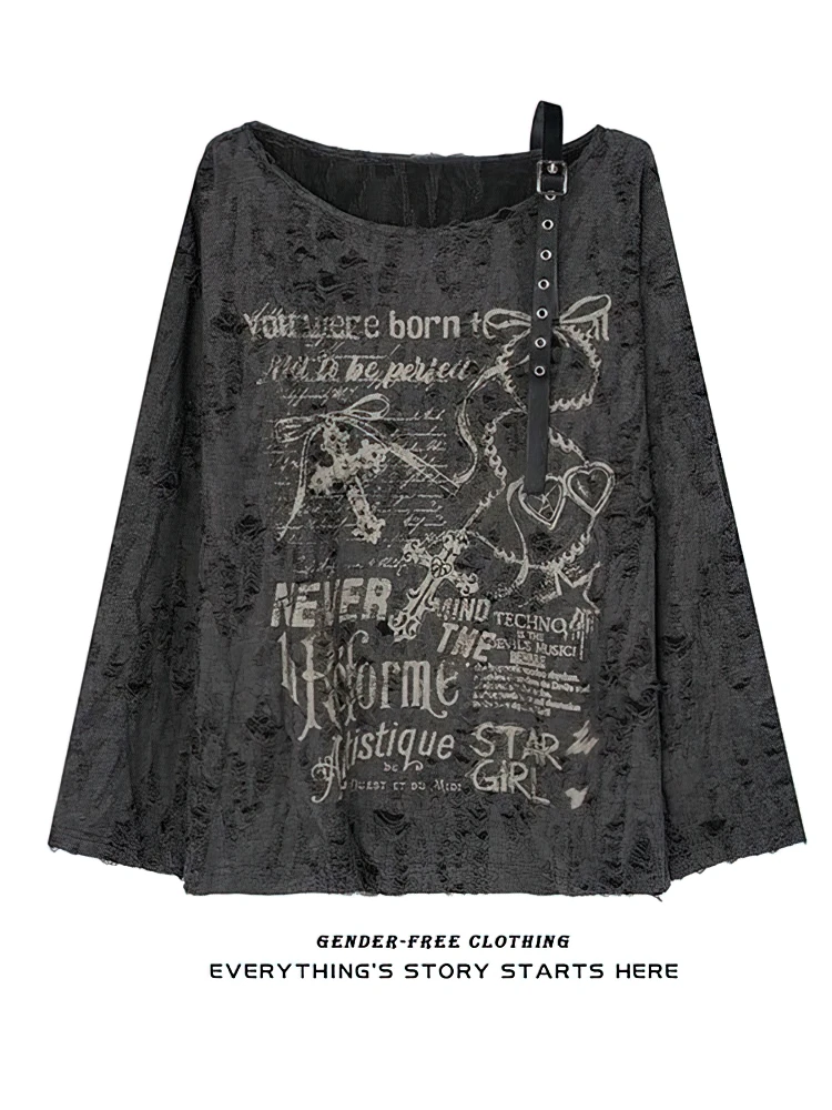 Vintage Y2K Oversize Off Shoulder T Shirt With Print Women Ripped Top Hole Long Sleeve Baggy Basic T Shirt Pulovers Ladies Tops