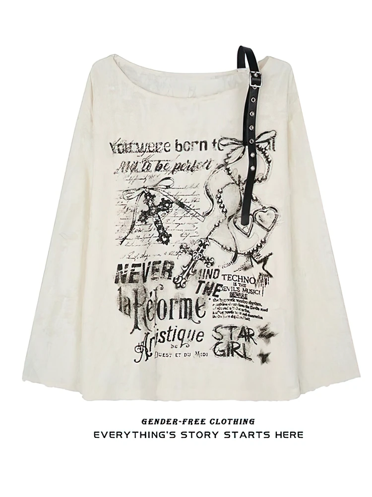 Vintage Y2K Oversize Off Shoulder T Shirt With Print Women Ripped Top Hole Long Sleeve Baggy Basic T Shirt Pulovers Ladies Tops