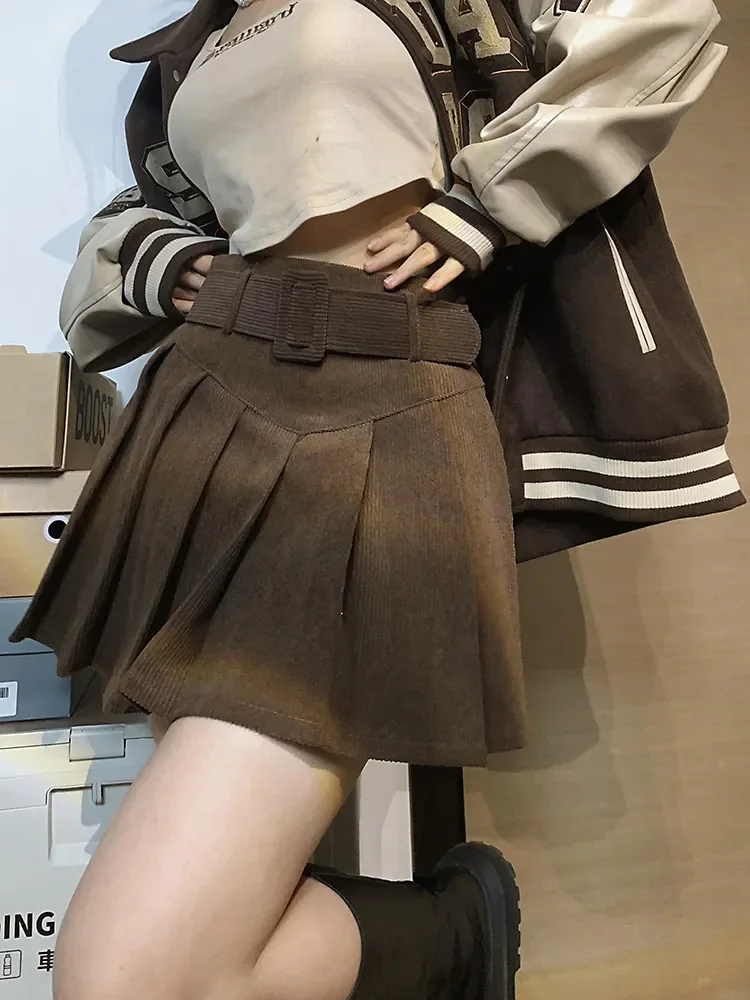 Cord Belted Pleated Skirt Texture Corduroy Box Pleat Mini Skirt with Belt Women Teen-girl Academy School Autumn Winter Outfit