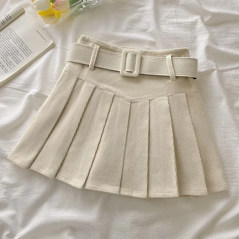 Cord Belted Pleated Skirt Texture Corduroy Box Pleat Mini Skirt with Belt Women Teen-girl Academy School Autumn Winter Outfit