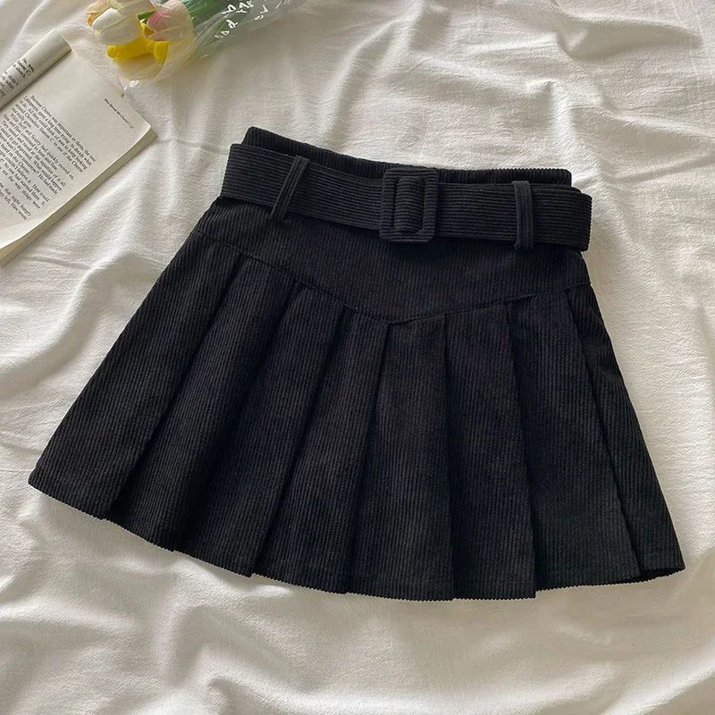 Cord Belted Pleated Skirt Texture Corduroy Box Pleat Mini Skirt with Belt Women Teen-girl Academy School Autumn Winter Outfit