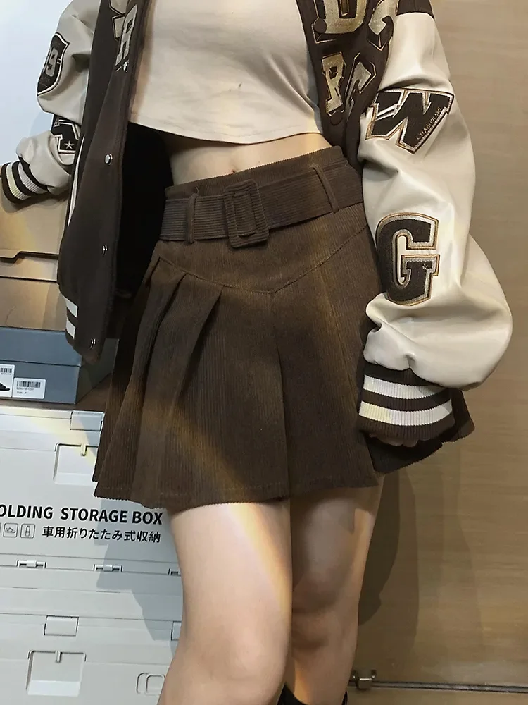 Cord Belted Pleated Skirt Texture Corduroy Box Pleat Mini Skirt with Belt Women Teen-girl Academy School Autumn Winter Outfit