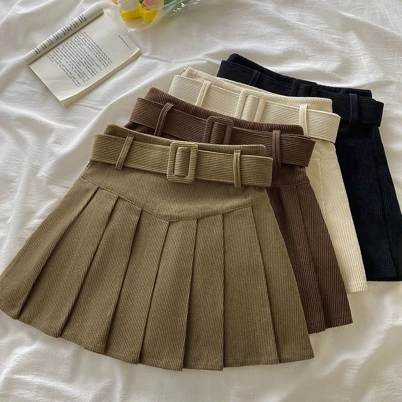 Cord Belted Pleated Skirt Texture Corduroy Box Pleat Mini Skirt with Belt Women Teen-girl Academy School Autumn Winter Outfit