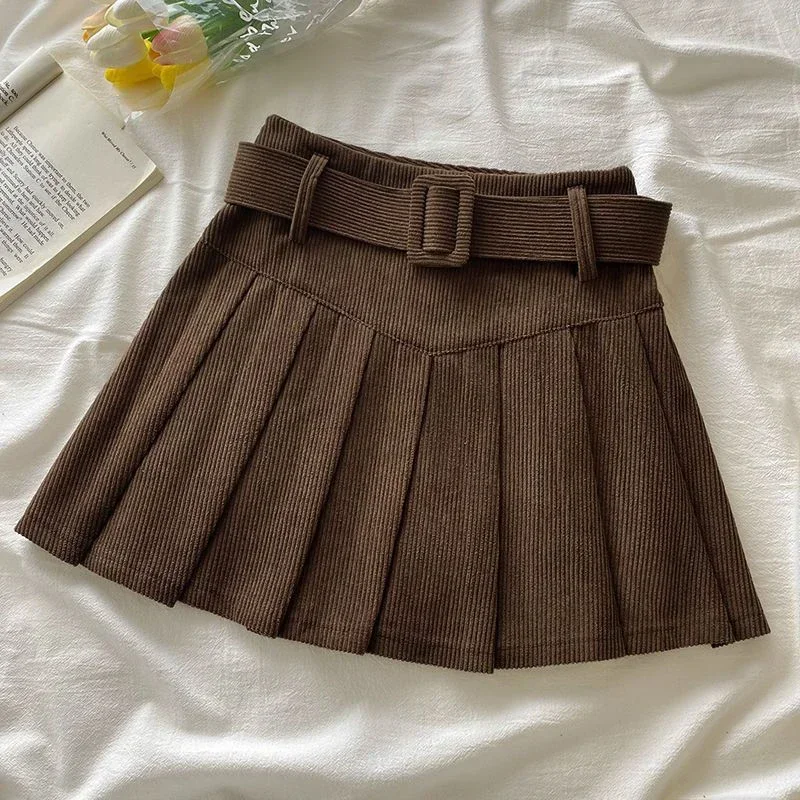 Cord Belted Pleated Skirt Texture Corduroy Box Pleat Mini Skirt with Belt Women Teen-girl Academy School Autumn Winter Outfit