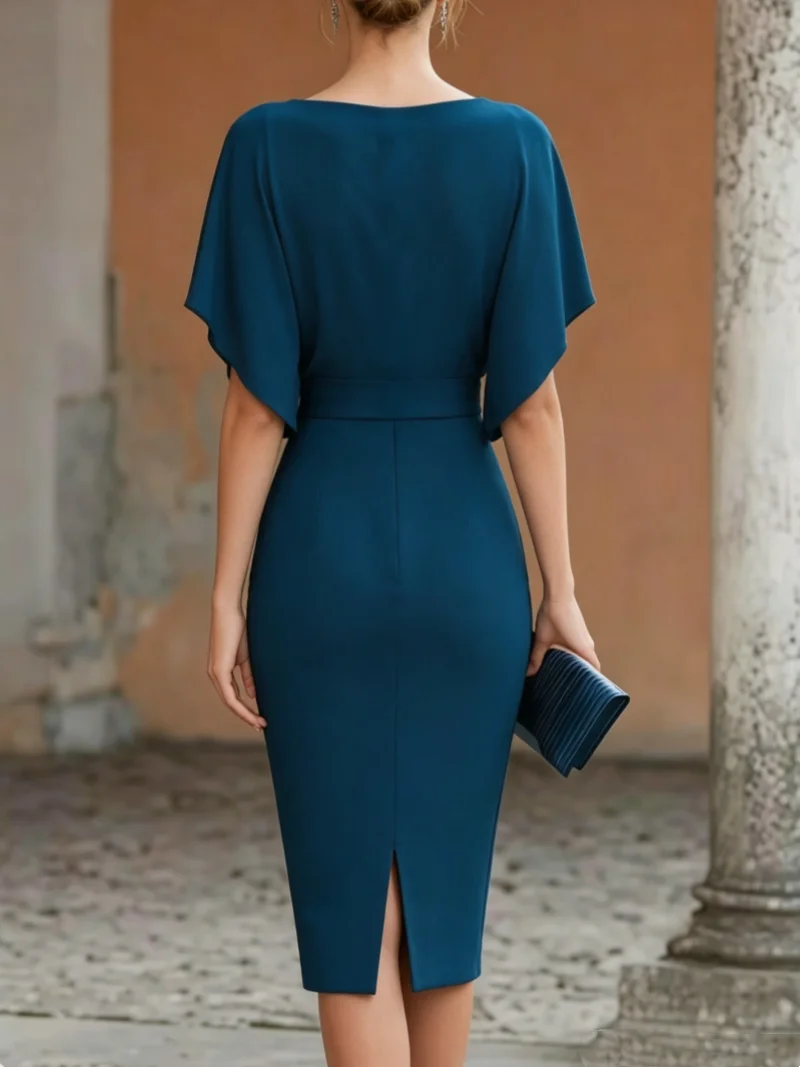 Women's Short Sleeve Midi Dress Cowl Neck Draped Cape Top Bodycon Skirt Elegant Party Evening Cocktail Wear