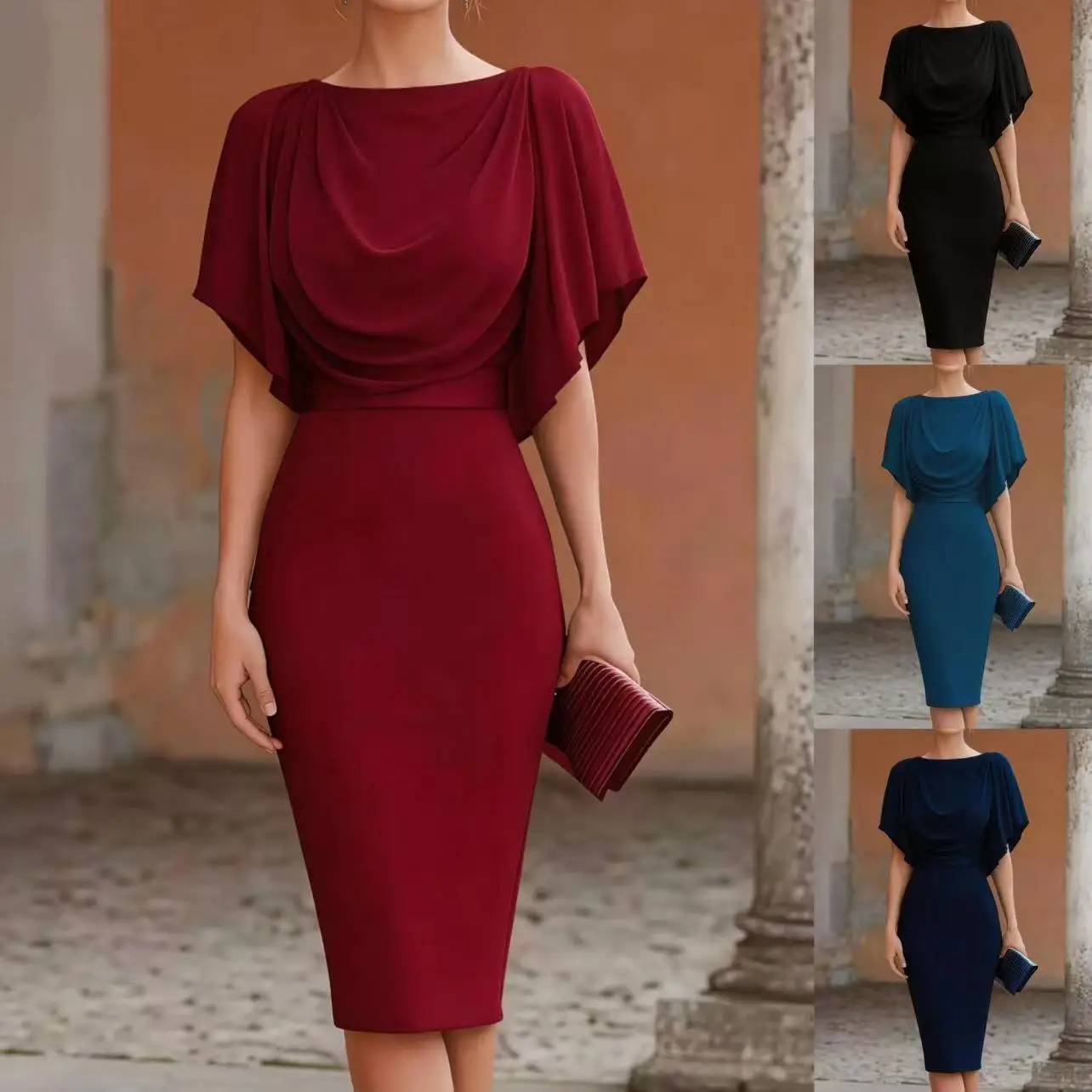 Women's Short Sleeve Midi Dress Cowl Neck Draped Cape Top Bodycon Skirt Elegant Party Evening Cocktail Wear