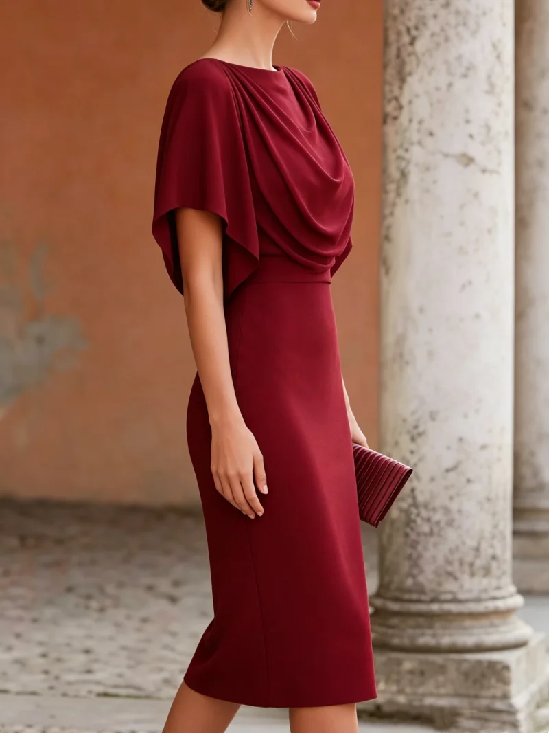 Women's Short Sleeve Midi Dress Cowl Neck Draped Cape Top Bodycon Skirt Elegant Party Evening Cocktail Wear