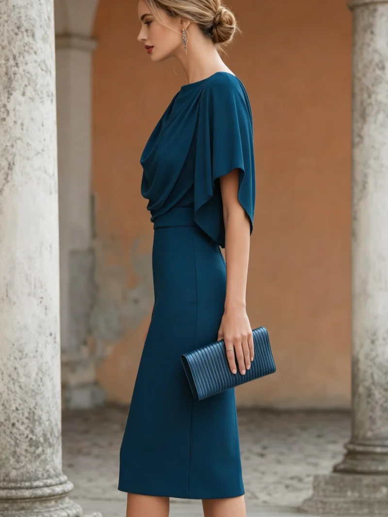 Women's Short Sleeve Midi Dress Cowl Neck Draped Cape Top Bodycon Skirt Elegant Party Evening Cocktail Wear
